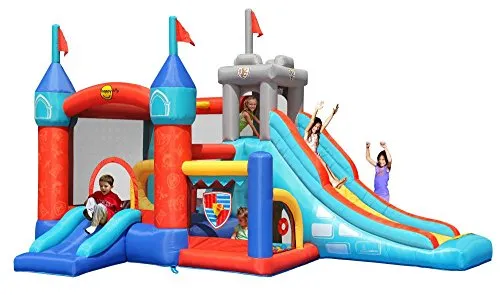 HappyHop Mittelalterlich Hüpfburg Schloß - Hüpfburgen mit 13 Aktivitäten, inklusive Doppelrutsche und 30 Kunststoffkugeln, ideal für unvergesslichen Spielspaß im Garten.