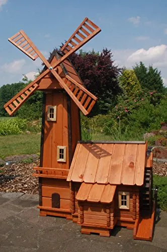 Windmühle mit integrierter Wassermühle - kugelgelagert - Windspiel im Blockhausstil, kombiniert Wind- und Wassermühle für faszinierende Gartenakzente. Höhe 1,55 m, Durchmesser Wasserrad 30 cm, ideal für naturnahe Gestaltung.