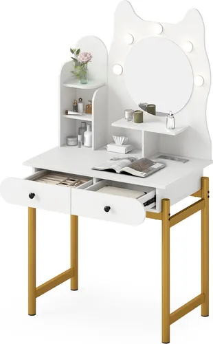 COSTWAY Katzenförmiger Schminktisch mit Spiegel und Beleuchtung - Stylischer Schminktisch in Katzenform mit verstellbarer LED-Beleuchtung und 3 Lichtmodi. Bietet 2 Schubladen und 3 offene Regale für praktischen Stauraum. Integrierte Ladestation für Geräte sorgt für Komfort.