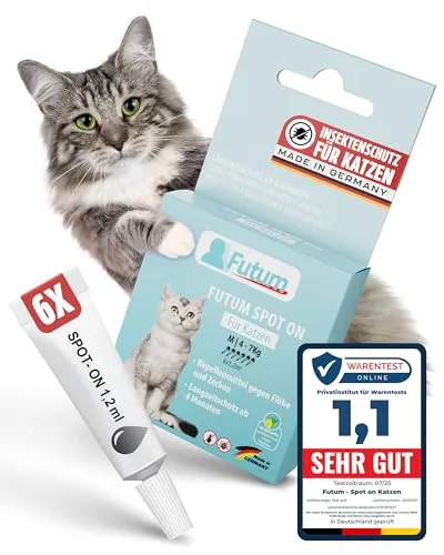 FUTUM Spot On Katze 6 x 1,2 ml – Langanhaltender Floh- und Zeckenschutz - Zuverlässiger Schutz für bis zu 12 Wochen. FUTUM Spot On für Katzen bietet effektiven Schutz vor Parasiten mit natürlichen Wirkstoffen aus Lemon Eukalyptus. Einfache Anwendung für ein gesundes Fell.