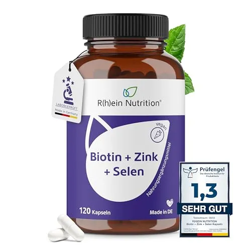 R(h)ein Nutrition Biotin + Zink + Selen Kapseln für Haut, Haare & Nägel - Mineralstoffe mit 3-in-1-Formel für schöne Haut, kräftiges Haar und starke Nägel. Vegan, laktose- und glutenfrei, unterstützt natürliche Schönheit von innen.