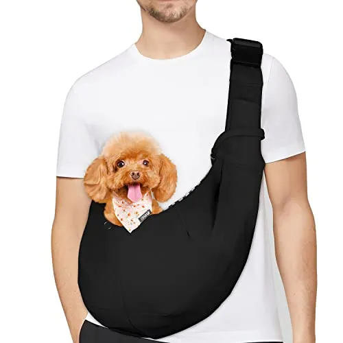 PetLoft Tragetuch Hund, Reversibel Kleine Hundetrage, Einstellbar Pet Tragetuch, Freisprecheinrichtung Cross-Body Carrier mit Halsband für Hund/Katze/Hase, Schwarz