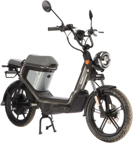 E-Mofaroller SAXXX "Prima E" - Grauer Elektromotorroller mit 45 km/h - Motorroller, ideal für E-Mobilitätseinsteiger mit stylischem Design und 70 km Reichweite. Perfekt für Stadtfahrten und Camping, leicht und umweltfreundlich.