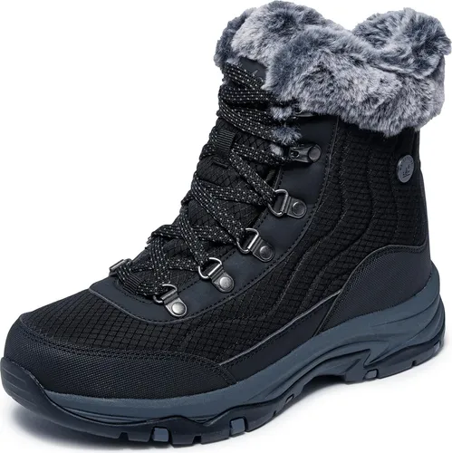Skechers Trego-Stormie Boots Schwarz - Wanderschuhe mit griffiger Profilsohle und optimaler Dämpfung, ausgestattet mit super weichem Memory Foam für perfekten Tragekomfort und stilvollem Kunstfellrand.
