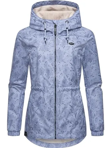RAGWEAR "Dankka Spring" Damen Outdoorjacke, blau - Funktionsjacke mit floralem Allover-Print, wasserdicht (Wassersäule: 4.000mm) und taillierter Passform - ideal für Übergangszeiten und aktive Frauen.