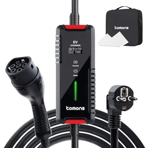 tomons Typ 2 Ladekabel Schuko 3,5 kW - Mobile Wallbox für Elektroautos - Ladestationen für Elektrofahrzeuge mit einstellbarem Strom von 6-16A, LED-Anzeige und TÜV-zertifiziert für sicheres Laden überall.