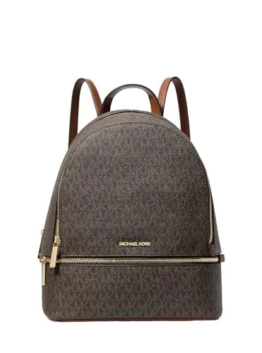 Michael Kors Rhea Medium Signature Logo Rucksack Braun - Stylischer Rucksack aus beschichtetem Canvas mit ikonischem Logo-Print. Praktische Fächer und verstellbare Träger bieten Komfort für jeden Tag.