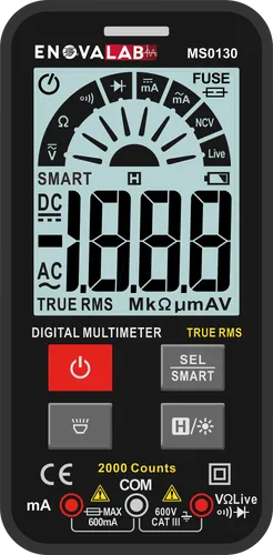 MS0130 TrueRMS Digital-Multimeter – 600 V, 2.000 Counts, NCV - Digital-Multimeter für präzise Messungen bis 600 V mit TrueRMS-Funktion. Handliches Design und integrierte LED-Leuchte für Arbeiten in dunklen Umgebungen.