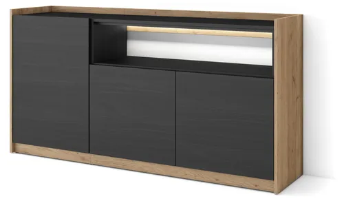 Sideboard Holzeffekt Schwarz und Eiche mit LED-Beleuchtung - Elegantes Sideboard mit 2 Türen und Soft-Close-Scharniere, ideal für modernes Wohnen. Die Kombination aus Schwarz und Eiche verleiht jedem Raum eine stilvolle Note. Inklusive dimmbarer LED-Beleuchtung für stimmungsvolles Ambiente.