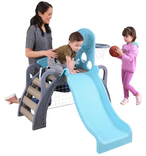 KidKraft 5-in-1 Sportliches Klettergerüst für Kleinkinder mit Rutsche, Kletterleiter, Basketballkorb, Fußballtor und Baseballziel – inkl. 3 Bälle