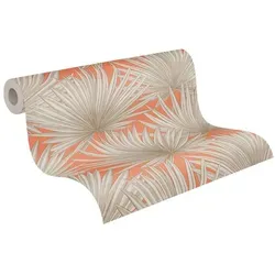 A.S. Création Vliestapete Antigua Tapete mit Palmenblätter, leicht strukturiert, gemustert, matt, neutral, (1 St), Tapete Floral Tapeten Wohnzimmer Schlafzimmer Küche modern Flur Design beige|orange