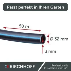 Kirchhoff Wasserleitung 32 mm x 50 m - DVGW geprüft für Gartenbewässerung - Bewässerungsrohre, DVGW geprüft und ideal für Trinkwasser. Robustes HDPE Material sorgt für Langlebigkeit und einfache Montage für Ihr Sprinklersystem.