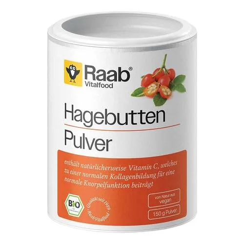 Raab Vitalfood Hagebutte Bio Pulver - Nahrungsergänzungsmittel mit 100% Hagebuttenpulver aus Chile, reich an Vitamin C für gesunde Knorpelfunktion und Premium Bio-Qualität seit 1989.