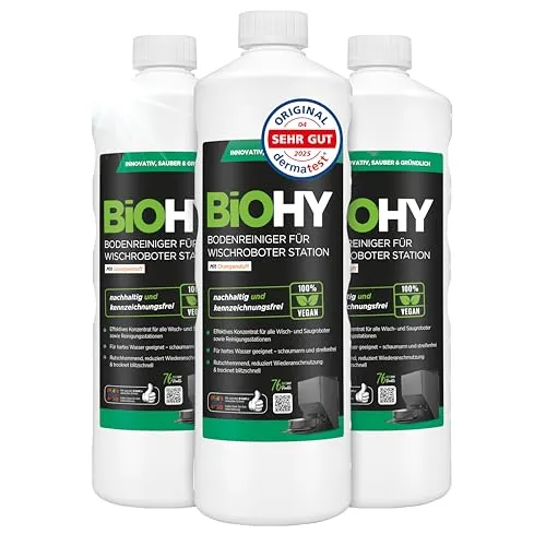 BiOHY Bodenreiniger für Wischroboter Station mit Orangenduft (3 x 1 Liter) | Reinigungsmittel Konzentrat für alle Wisch & Saugroboter mit Nass-Funktion | Schaumarm & Streifenfrei | Für alle Böden