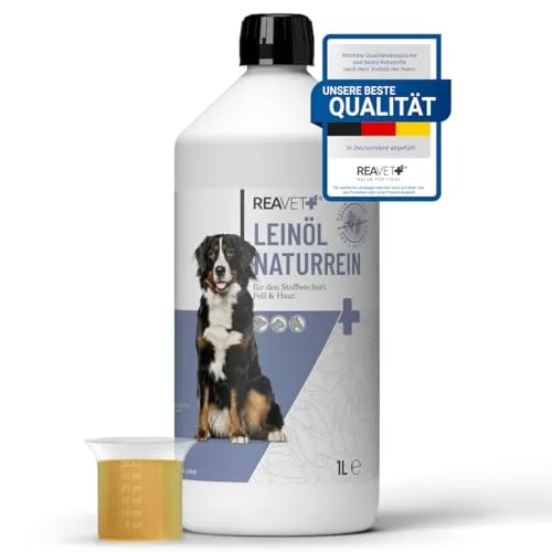 ReaVET Leinöl für Hunde & Pferde 1 Liter I Leinöl Hund Kaltgepresst, Nativ, Reich an Omega 3 & 6 Fettsäuren I Barf-Zusatz, Hochwertiges Barf Öl Hund, Katze, Pferd