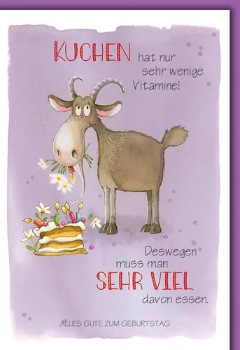Geburtstag - Karte mit Umschlag - Ziege mit Kuchen, gezeichnet