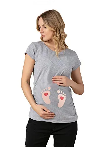Fußabdrücke Baby mit Herz - Lustige witzige süße Umstandsmode mit Motiv Umstandsshirt für die Schwangerschaft T-Shirt Schwangerschaftsshirt, Kurzarm (Grau, Small)