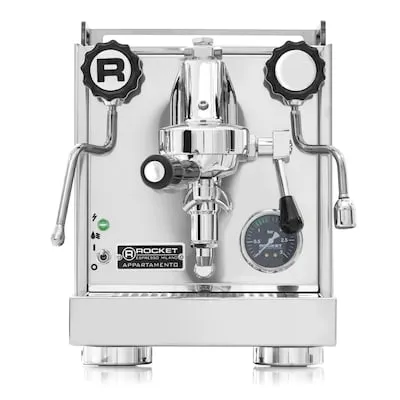 Rocket Milano Rocket Appartamento Kaffeemaschine - Kaffeemaschine in Edelstahl mit schwarzem Seitenteil, ideal für Kaffeeliebhaber, die Wert auf Design und Funktion legen.