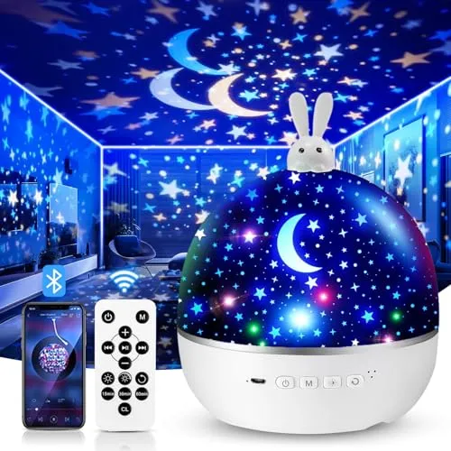 Sternenhimmel Projektor Kinder mit Bluetooth & 15 Filmen - Nachtlichter für Kinder: Dieser vielseitige Sternenhimmel Projektor bietet 15 verschiedene Filmthemen und einen integrierten Bluetooth Lautsprecher für entspannende Musik, ideal zum Einschlafen.