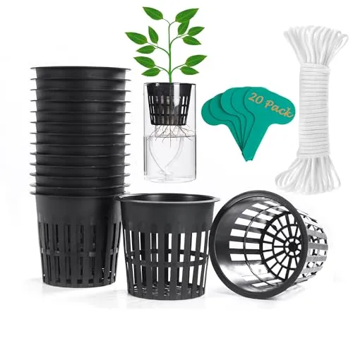 ORIMERC 20 Stk 10cm Netztöpfe Hydrokultur, mit 6m Selbstbewässerungsdocht, Hydroponik Netzbecher Pflanzen Mesh Topf, Netzkörbe für Kratky Aquaponik DWC Garten, Breiter Rand Gitterbecher,Orchideen Korb
