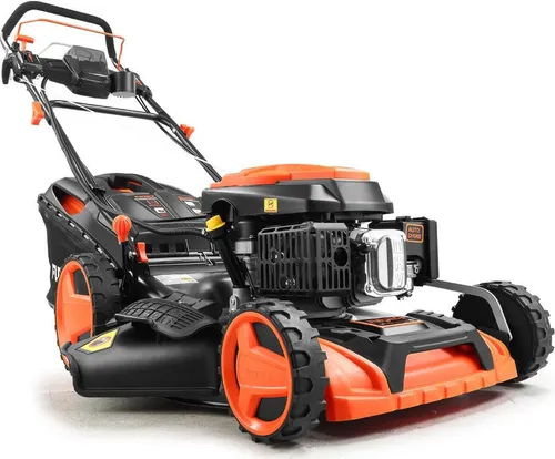 FUXTEC Benzin Rasenmäher FX-RM5196eS-PRO mit E-Start - Rasenmäher mit Elektrostart und selbst regulierbarem Antrieb für müheloses Mähen. Ideal für jeden Garten dank 4in1-Funktionen: Mähen, Fangen, Mulchen und Seitenauswurf.