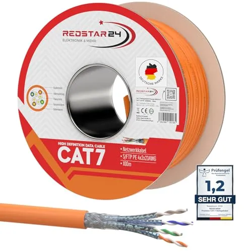 RedStar24 CAT 7 Verlegekabel 100m Netzwerkkabel Datenkabel LAN CAT7 Kabel Kupfer Installationskabel CAT.7 Gigabit S/FTP Kat.7 Halogenfrei PIMF POE 10Gbit Netzwerk Verkabelung Ethernet Simplex