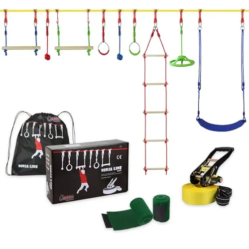 ALPIDEX Ninja Line Kinder Slackline Hindernisse Set - Schaukeln und Klettern in einem: Gestalten Sie mit diesem Set einen individuellen Spielparcours, der die motorischen Fähigkeiten Ihrer Kinder fördert. Maximale Belastbarkeit: Slackline bis 2 Tonnen, Hindernisse bis 135 kg.