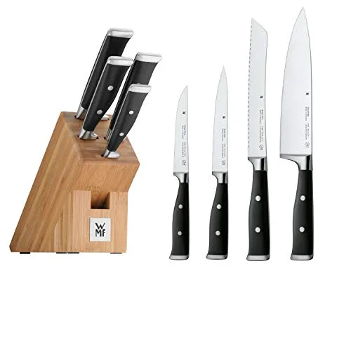 WMF Grand Class Messerblock mit Messerset 5teilig, Made in Germany, 4 Messer geschmiedet, Bambus-Block, Performance Cut