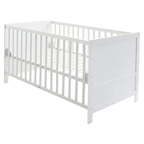 roba Kombi Kinderbett 70 x 140 - Umbaubar zum Juniorbett - Nachhaltiges Gitterbett aus weißem Holz, 3-fach höhenverstellbar und mit Schlupfsprossen, ideal für eine lange Nutzung bis ca. 7 Jahre.
