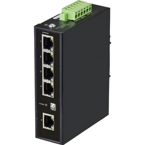TRU COMPONENTS Industrial Ethernet Switch 1+4 Port - 5-Port 10/100 MBit/s Netzwerk-Switch, ideal für raue Industrieumgebungen mit ESD- und EFT-Schutz sowie extremen Temperaturbereichen von -40 bis +75 °C.