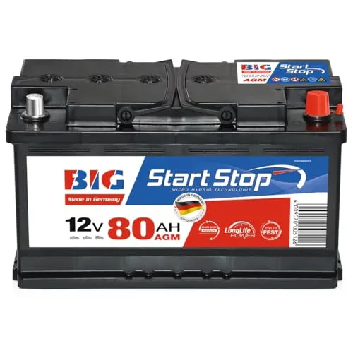 BIG Start-Stop AGM 12V 80Ah Autobatterie – Premium Starterbatterie für moderne Fahrzeuge - Die BIG AGM Autobatterie (12V, 80Ah) bietet zuverlässige Energie für Start-Stopp-Systeme und überzeugt mit extrem langer Lebensdauer und wartungsfreier Nutzung. Ideal für Fahrzeuge mit hohem Energiebedarf.