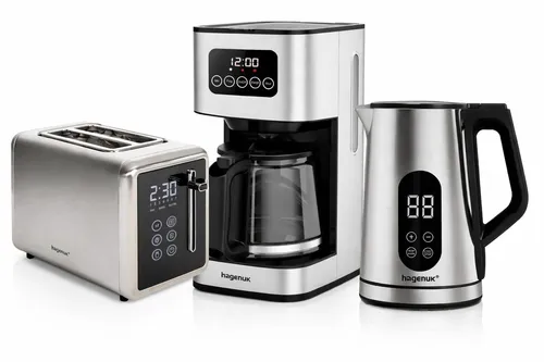 Hagenuk Digitales Frühstücksset Edelstahl – Toaster, Kaffeemaschine & Wasserkocher - Modernes Frühstücks-Set für stilvolle Küchenausstattung. Genießen Sie knusprigen Toast, frischen Kaffee und perfekt temperiertes Wasser – alles mit innovativer Technik und ansprechendem Design.