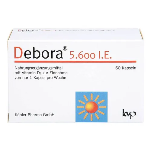 DEBORA 5.600 I.E. Kapseln – Vitamin D3 - Praktisches Nahrungsergänzungsmittel mit 5.600 I.E. Vitamin D3 pro Kapsel, ideal für eine wöchentliche Einnahme und ohne glutenhaltige Zutaten.