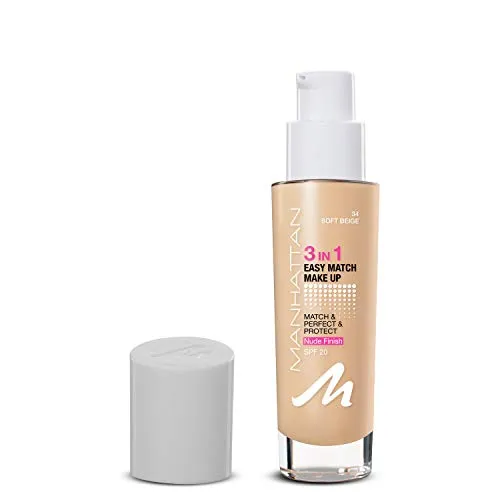 Manhattan 3in1 Easy Match Make-up, Flüssig Foundation für helle Haut - Make-up für helle Haut mit LSF 20 und 24h Feuchtigkeitskomplex. Die ölfreie Liquid Foundation in Soft Beige sorgt für einen natürlichen, ebenmäßigen Look und deckt Unreinheiten sanft ab.