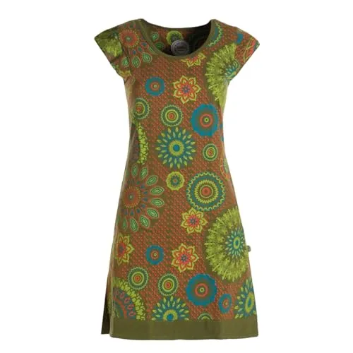 Vishes Damen Kurzarm Sommerkleid Longshirt Mini Tunika Olive 48 - Zeitloses Kurzarmkleid in Olive, ideal für Sommeranlässe. Aus weichem Baumwoll-Jersey gefertigt, bietet es hohen Tragekomfort und einen femininen Look. Handbedruckt mit Blümchen-Motiven für einen einzigartigen Stil.
