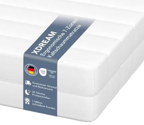 XDREAM Pure Kaltschaummatratze 90x200 cm | Ergonomische 7-Zonen Matratze - Matratzen mit Öko-Tex Zertifikat, punktelastischer Kaltschaum für optimale Druckentlastung und anpassungsfähigen Komfort für jeden Schlaftyp.