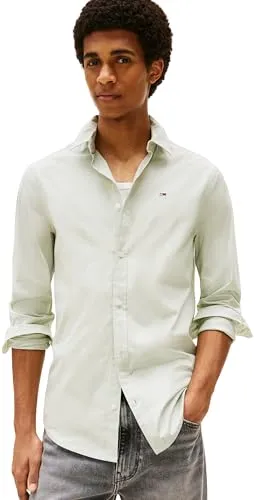 Tommy Jeans Sabim Stretch Hemd Shirt - Premium Slim Fit Langarmhemd für Herren, grün (Misty Sage) mit elastischem Material für optimalen Tragekomfort. Ideal für Business- und Alltagslooks.