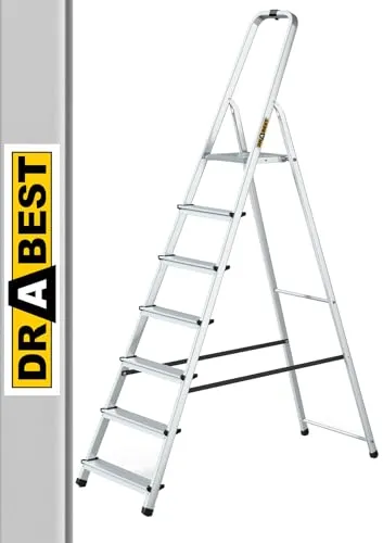 Drabest 7-Stufen Aluminiumleiter mit 125 kg Tragfähigkeit - Robuste Klappleiter aus Aluminium mit rutschfesten Füßen, ideal für Haushalt und Renovierungsarbeiten. Kompakt und leicht zu verstauen, bietet sie Sicherheit und Komfort beim Arbeiten in der Höhe.