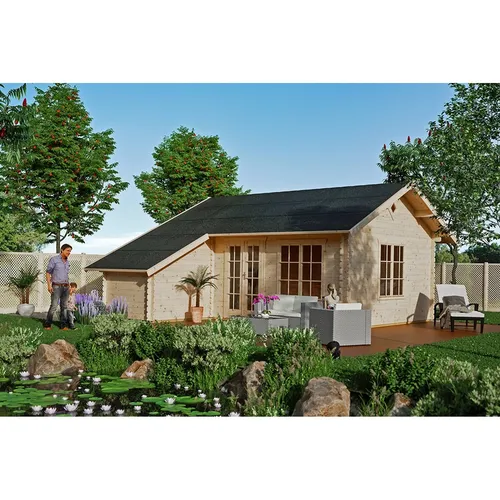 Blockbohlenhaus SKAN HOLZ Esbjerg 3 mit Fußboden - Gartenhaus mit Satteldach und Abstellraum, aus hochwertigem Holz für optimale Stabilität und Langlebigkeit.