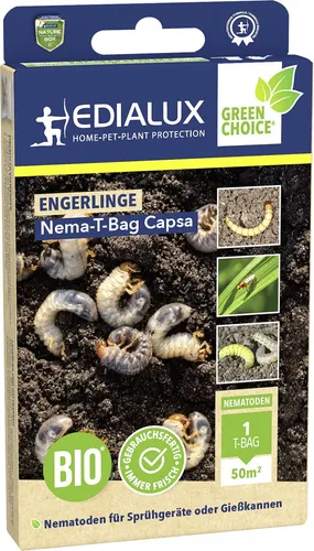 Edialux Nematoden T-Bag Capsa gegen Engerlinge 50 m² - Effektives Schädlingsbekämpfungsmittel zur Bekämpfung von Engerlingen auf bis zu 50 m². Einfach anzuwenden und ideal für Hobbygärtner, die gesunde Pflanzen fördern möchten.