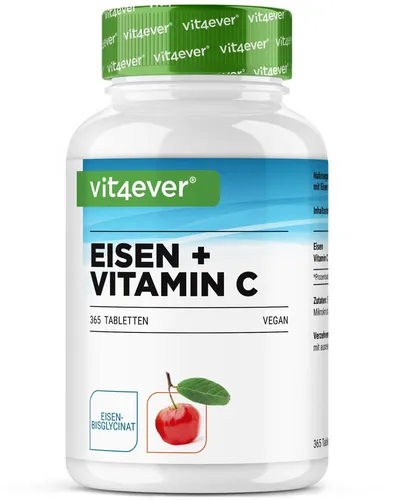 vit4ever Eisen + Vitamin C - Eisenbisglycinat - Eisen + Vitamin C für eine verbesserte Nährstoffaufnahme. 365 Tabletten mit 20 mg Eisen und 40 mg Vitamin C aus Acerola-Extrakt, ideal für vegane Ernährung und hohe Bioverfügbarkeit.