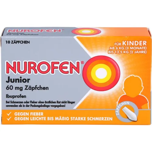 NUROFEN Junior 60 mg Zäpfchen für Kinder - Arzneimittel zur Linderung von Schmerzen und Fieber bei Kindern, ideal für Kinder, die Schwierigkeiten mit oraler Einnahme haben.