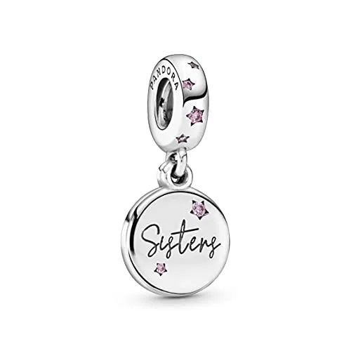 PANDORA Charm Anhänger "Schwestern für immer" 798012FPC - Bead Charm aus 925er Sterling Silber, ideal als Muttertagsgeschenk, besetzt mit rosafarbenen Zirkonia und gravierten Scheiben, die die besondere Verbindung zwischen Schwestern feiern.