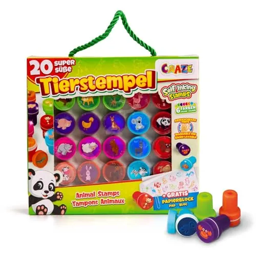 CRAZE Stempelkoffer 20 Tierstempel für Kinder inkl. Papierblock - Bunter Stempelkoffer mit 20 abwaschbaren Mini-Tierstempeln in 6 Farben. Perfekt für kreative Bastelstunden und zum spielerischen Kennenlernen von Tieren. Praktisch verpackt für unterwegs!