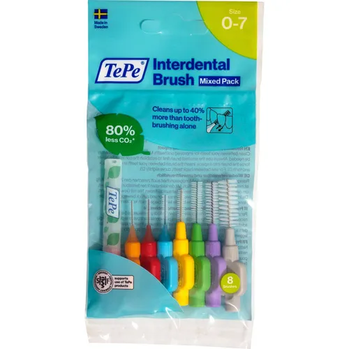 TePe Interdentalbürste Gemischt ISO-Größe 0-7 - Interdentalzahnbürsten für gründliche Reinigung zwischen den Zähnen, ideal für größere Lücken. Sanfte Reinigung, auch für Implantate und Zahnspangen geeignet. Enthält 8 Bürsten für optimale Mundhygiene.