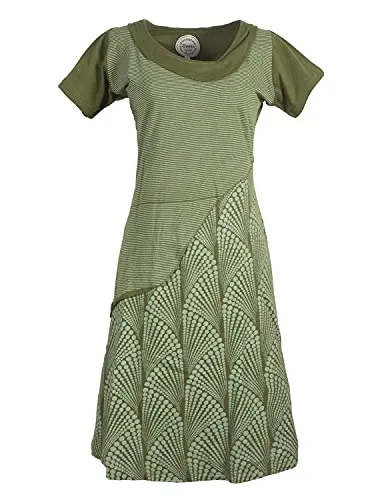 Vishes Damen Kurzarm Lagenlook Kleid Hippie Streifen Punkte Muster Olive 42-44 - Knielanges Kleid im alternativen Lagenlook aus dehnbarem Baumwolljersey. Leicht und atmungsaktiv, ideal für Freizeit und Alltag. Handgefertigt in Kathmandu, für einen lässigen und bequemen Sitz.
