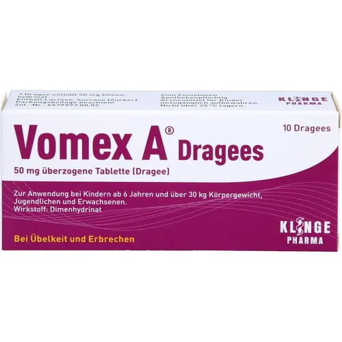 Vomex A Dragees 50 mg - 10 ST - Arzneimittel zur Vorbeugung und Behandlung von Übelkeit und Erbrechen, ideal gegen Reisekrankheit. Schneller Wirkeintritt für Kinder ab 6 Jahren und Erwachsene.