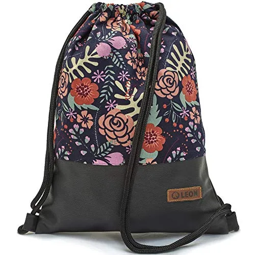 By Bers Leon großer Premium Turnbeutel mit Innentaschen Rucksack Tasche Damen Herren Teenager Gym Bag Draw String 45x34cm für Sport Reise Alltag Einkauf (Farn_schwarzPU)