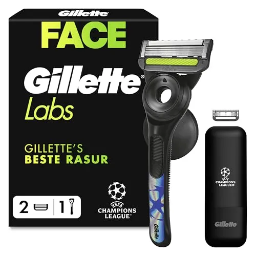 Gilette Labs Rasierer Champions League Edition mit Etui/Wandhalterung - Herrenrasierer Set mit 2 Klingen, perfekt für Fußballfans und ideal für eine präzise Rasur.