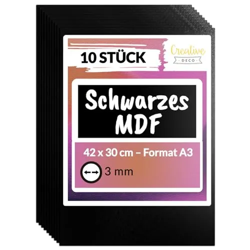 Creative Deco 10 x Schwarze A3 MDF Platten - Basteln mit hochwertigen MDF Platten, ideal für präzises Laserschneiden und Modellbau. Perfekt für kreative Projekte und DIY-Arbeiten.